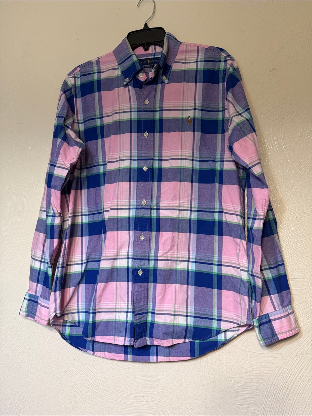 Ralph Lauren Button Down Mens Medium Pre-Owned Shirt Pink Green Plaid Pony Logo